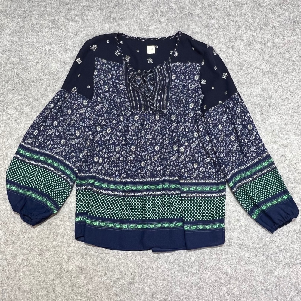Gap Navy Blue Green‎ Mixed Floral Paisley Print Tie Neck Blouse Womens XS